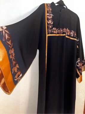 Black Abaya With Orange Floral Trim